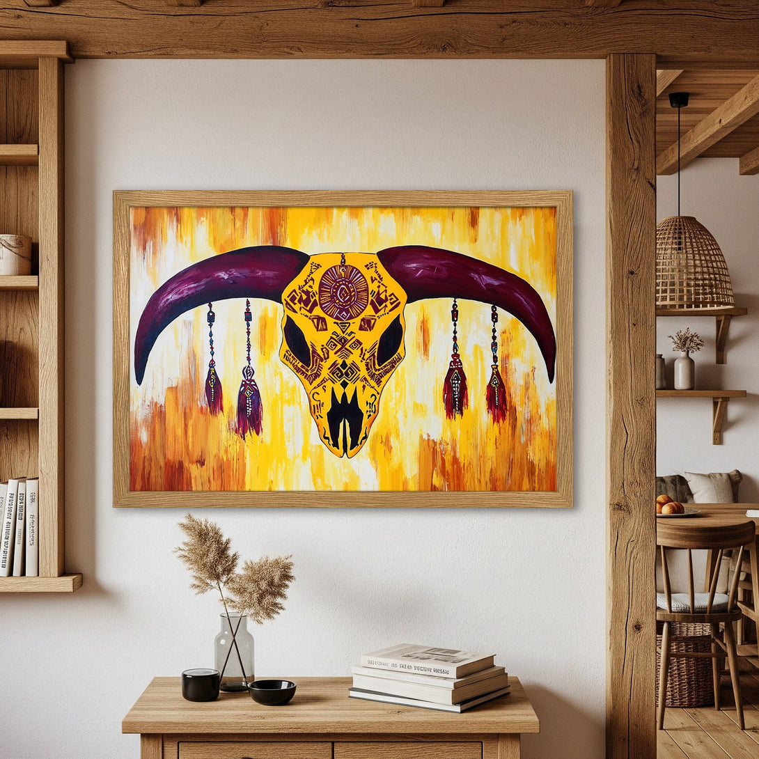 Framed Poster featuring a vibrant bull skull artwork in a warm yellow and orange palette. Perfect for adding a touch of bohemian style.