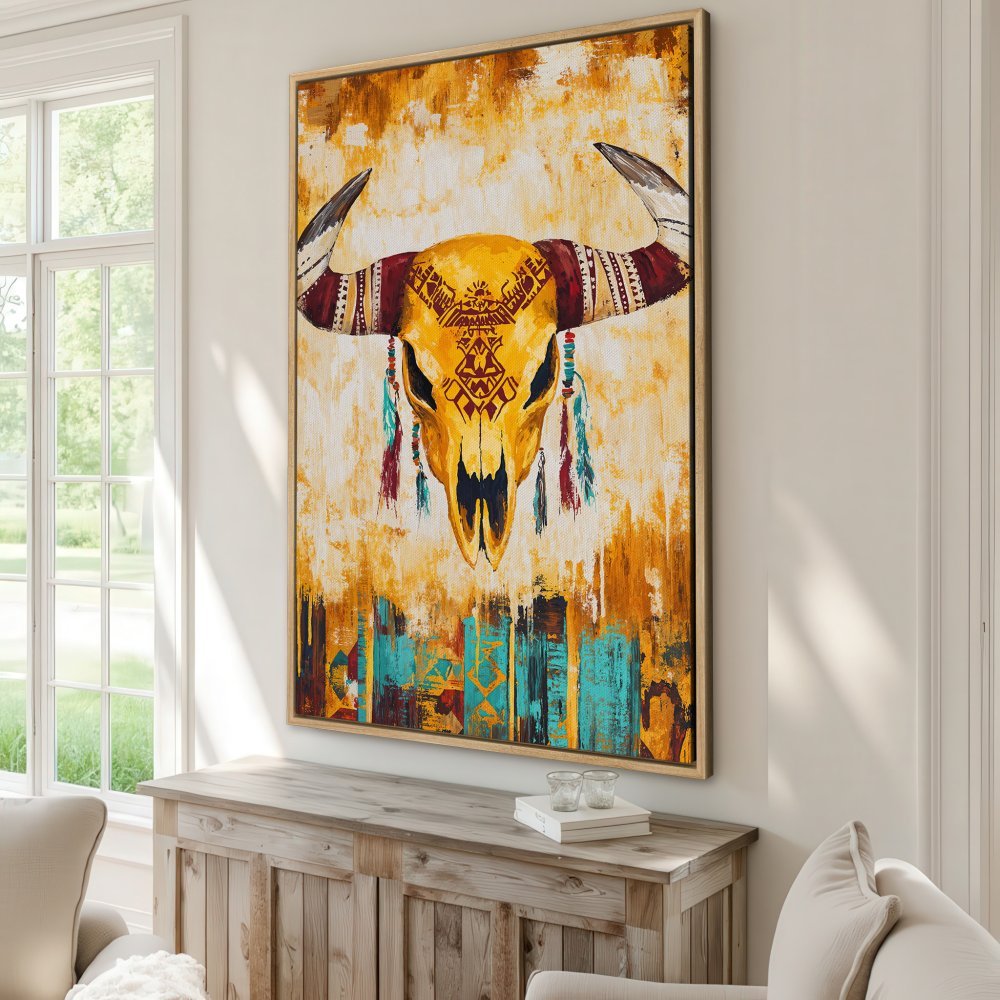 Framed Wall Art: Stunning abstract Canvas Print of a bull skull in warm yellow, orange, and teal colors. Add a touch of boho style to your home!