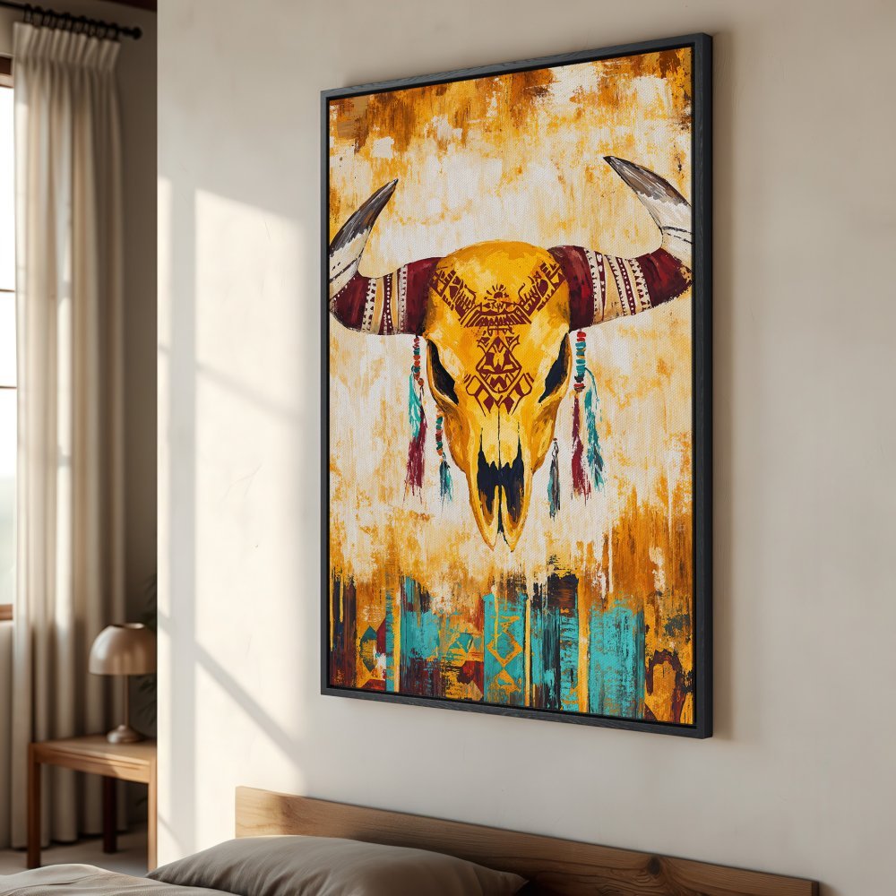 Framed Wall Art: Abstract bull skull canvas print in warm yellow, orange, and turquoise tones. Boho style art for your home decor.