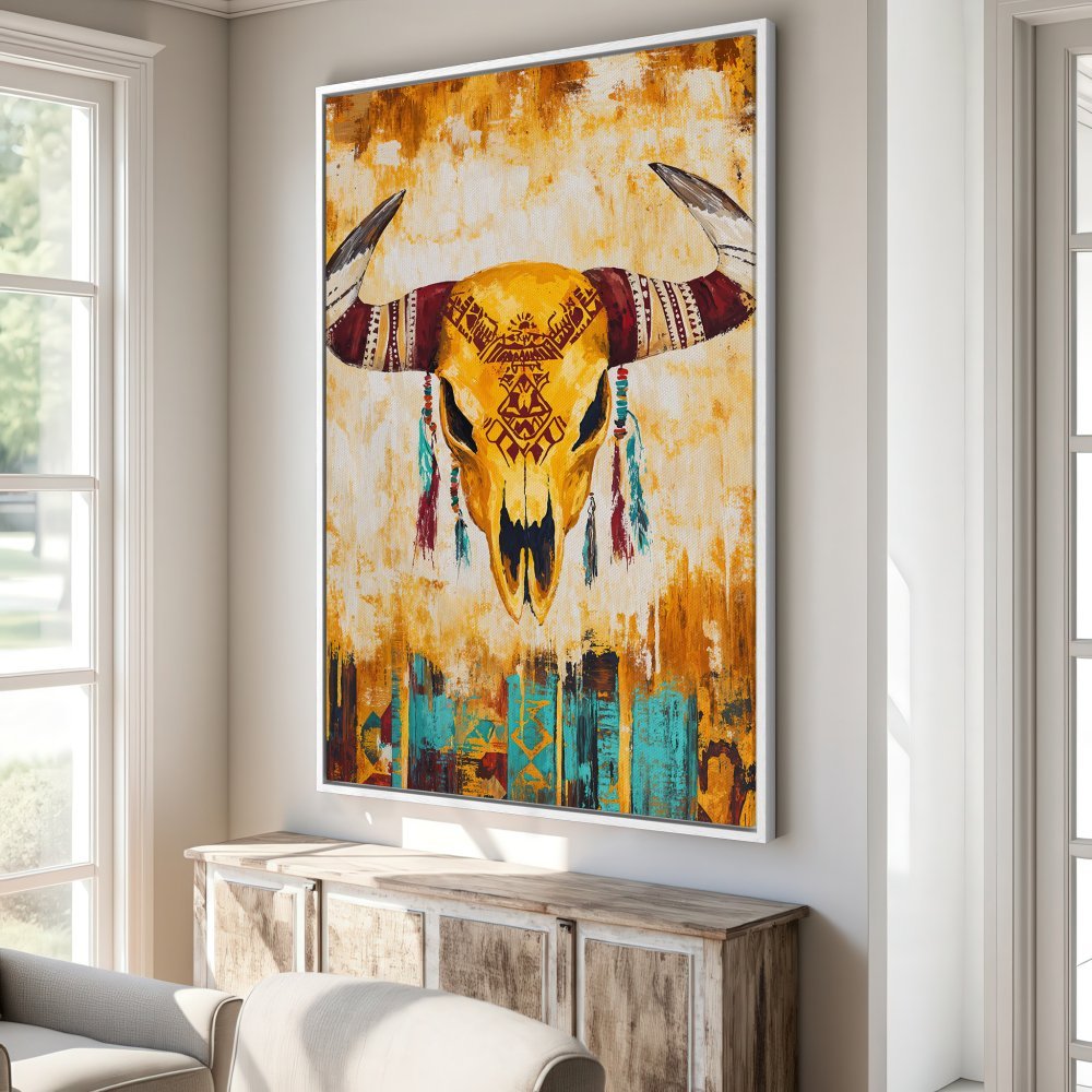 Framed Wall Art: Bold bull skull painting in warm yellow, orange, and turquoise hues. Add a touch of bohemian style to your space!
