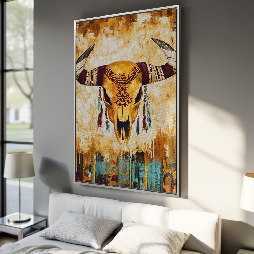 Framed Wall Art: Tribal bull skull canvas print in warm gold, teal, and brown tones. Perfect for bohemian home decor.