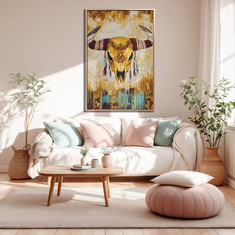 Framed Wall Art: Boho bull skull canvas print in warm yellow & turquoise tones. Perfect for living room decor!