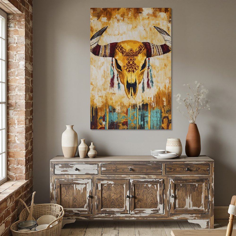Framed Wall Art: Boho-style Canvas Print featuring a bull skull in warm yellow and turquoise tones. Perfect for adding a touch of rustic charm to your home decor.