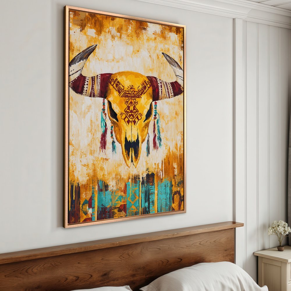 Framed Wall Art: Tribal bull skull painting in warm yellow, turquoise, and brown tones. Boho style canvas print for rustic home decor.