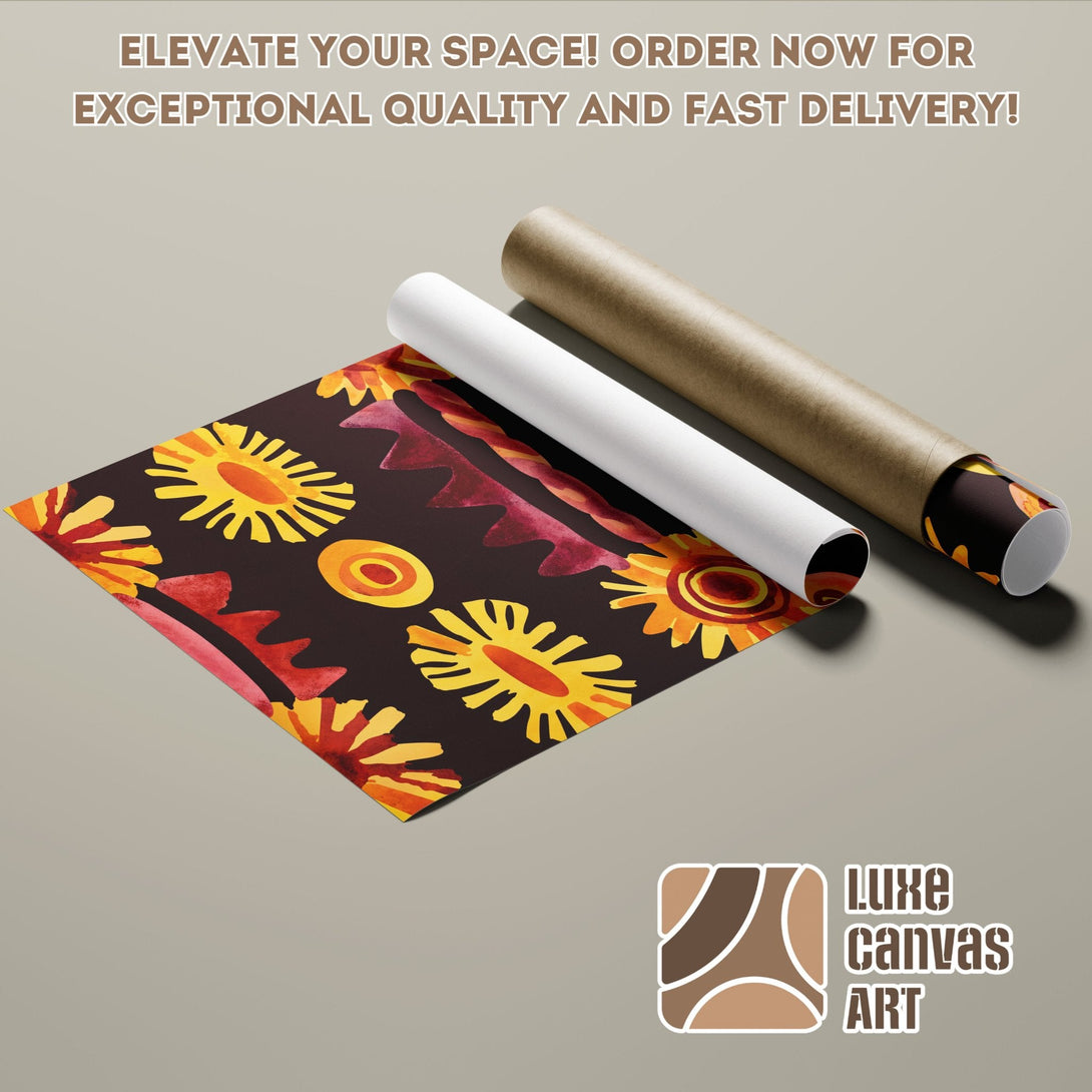 Abstract art Poster Roll with warm yellow, red, and brown tones, perfect for home decor.