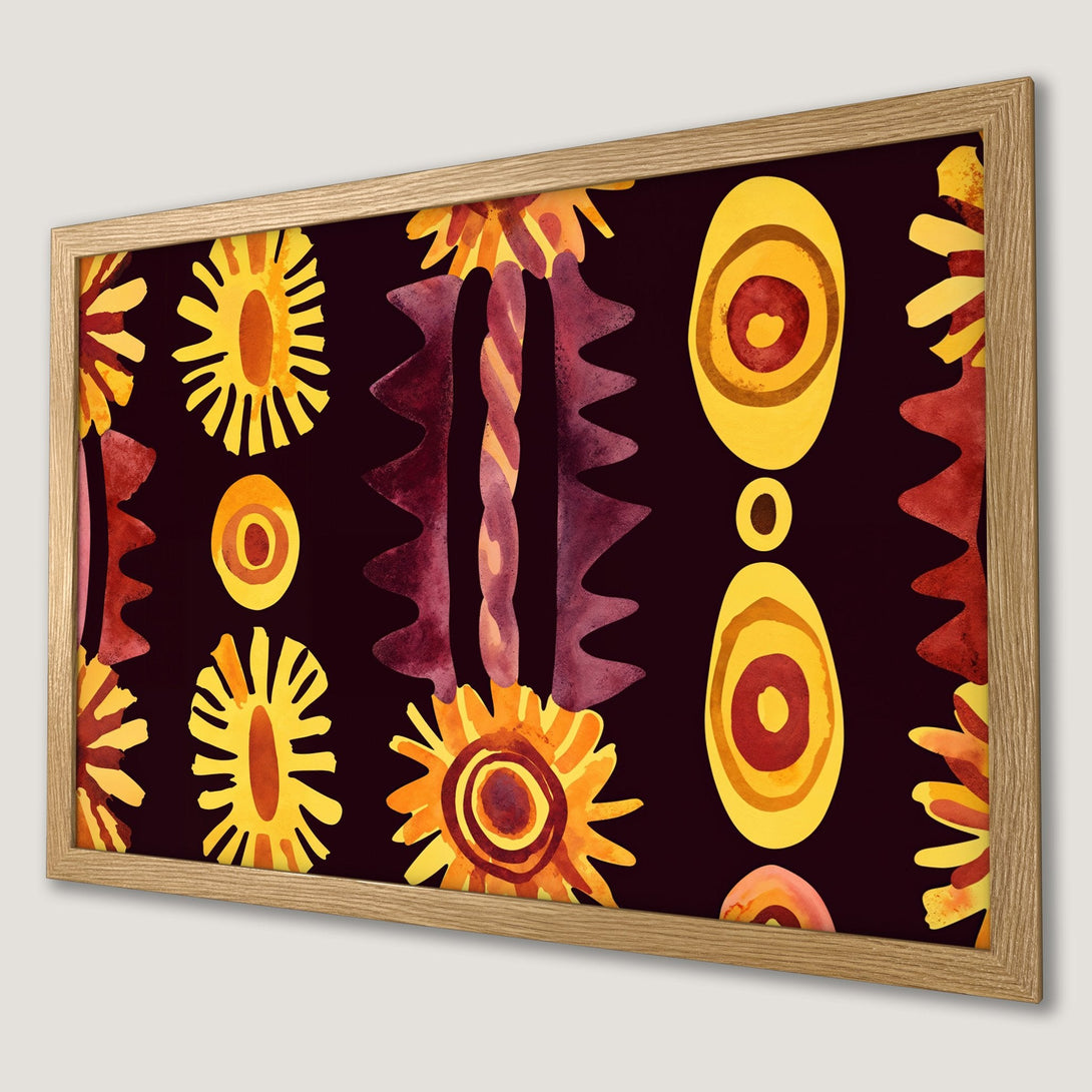 Framed Poster featuring abstract watercolor art in yellow, orange, and burgundy on a dark background. Perfect wall art!