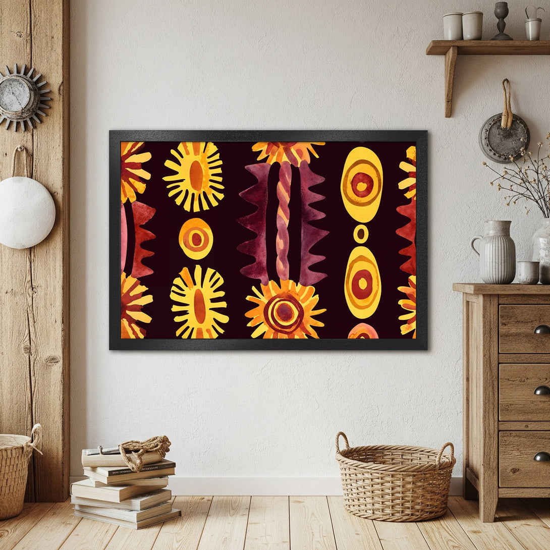 Framed Poster featuring abstract art in yellow and maroon tones. Perfect wall decor for a modern home.