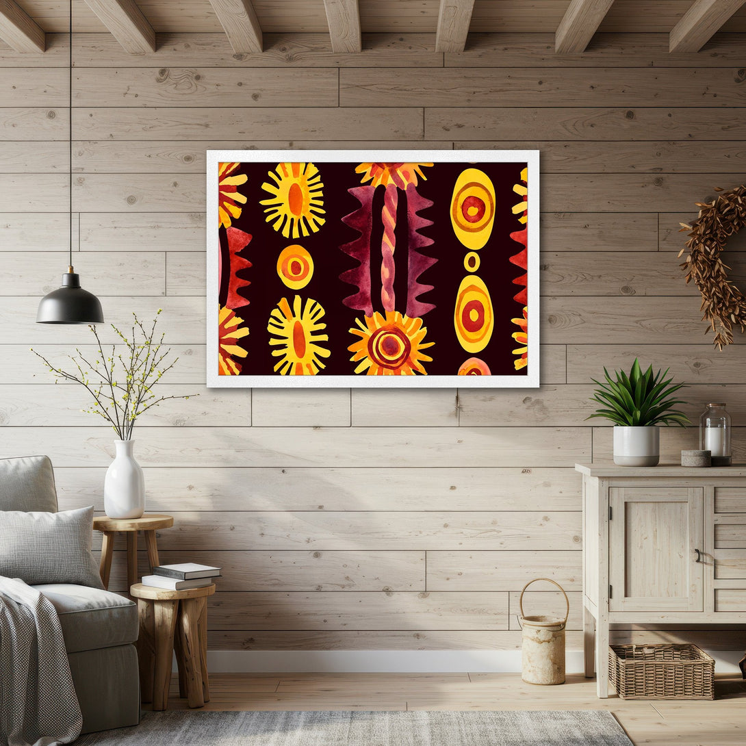 Framed Poster featuring abstract watercolor art in yellow, orange, and red on a dark background. Modern decor for your home.
