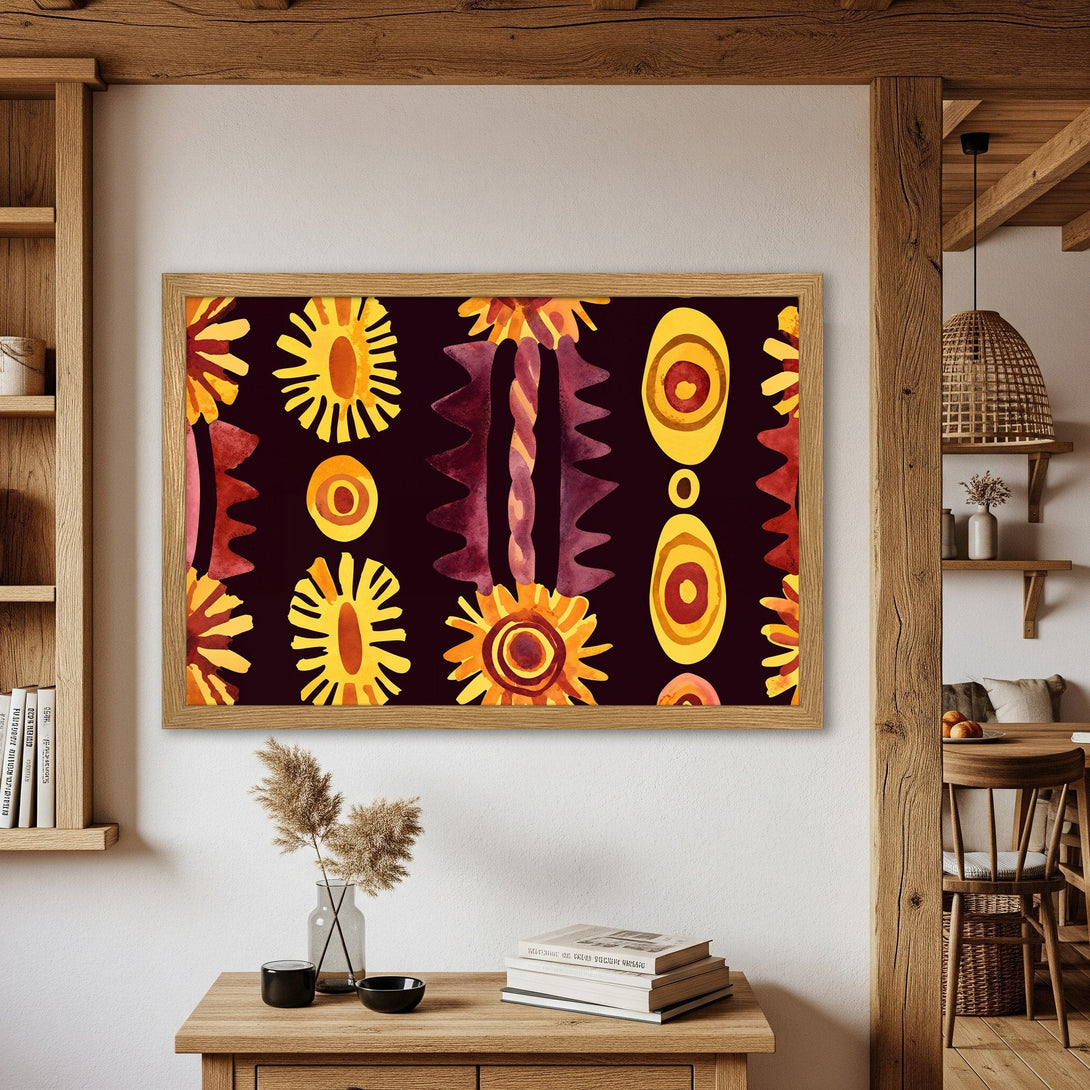 Framed Poster featuring abstract art in warm yellow and burgundy tones. Perfect wall decor for a modern, bohemian style.