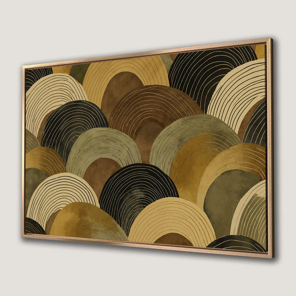 Framed Wall Art featuring an abstract geometric design in warm earth tones. Modern art canvas print with a stylish, contemporary look.