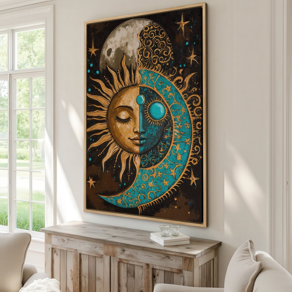 Framed Wall Art: Celestial sun and moon design in teal and gold. Boho style Canvas Print adds a touch of mystical art to your home decor.