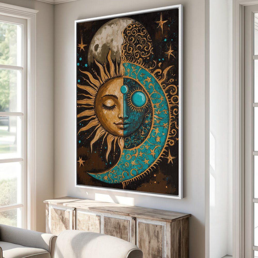Framed Wall Art: Celestial sun and moon art print in teal, gold, and brown. Bohemian style canvas print perfect for home decor.
