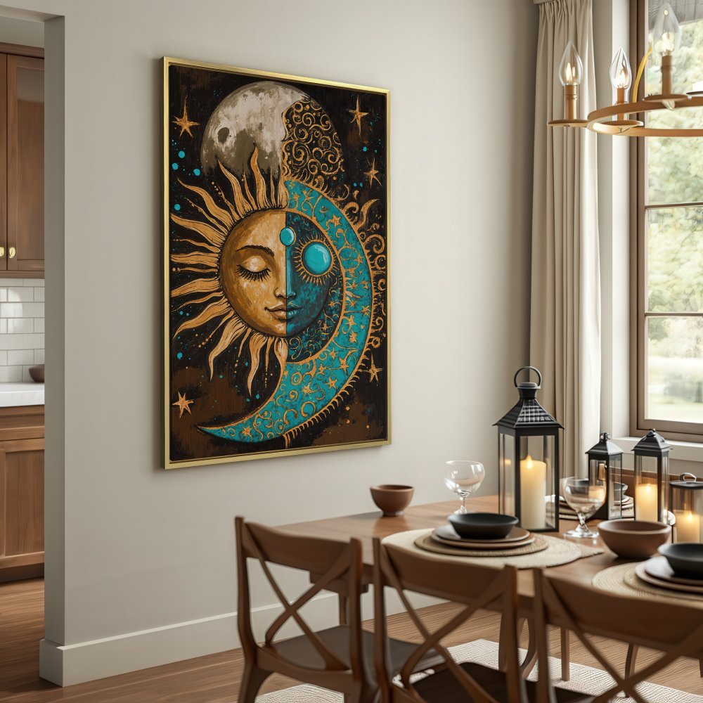 Canvas Print: Celestial sun and moon art in gold and teal. Boho style wall decor, perfect for adding a mystical touch to your space.