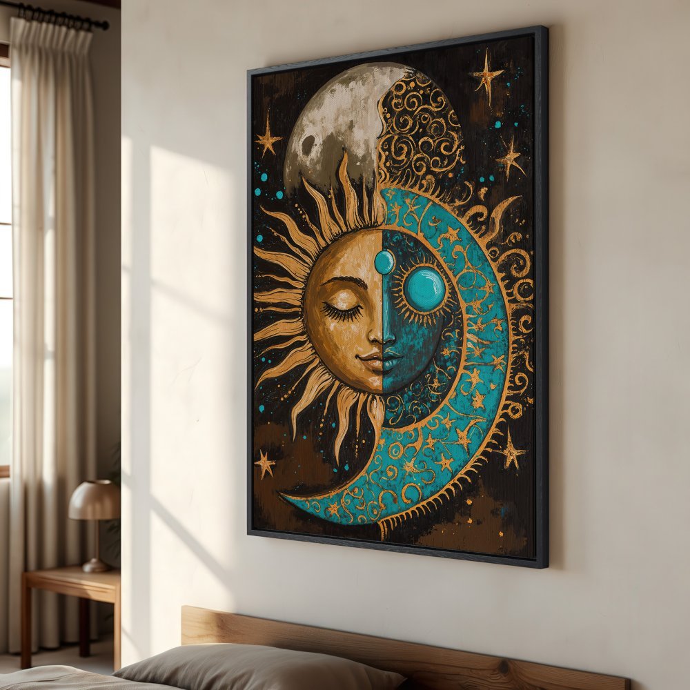 Framed Wall Art: Celestial sun and moon design in teal and gold. Boho style canvas print perfect for bedroom decor.