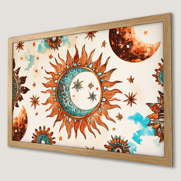 Framed Poster featuring a celestial design with sun, moon, and stars in watercolor style. Warm orange, teal, and cream color palette.