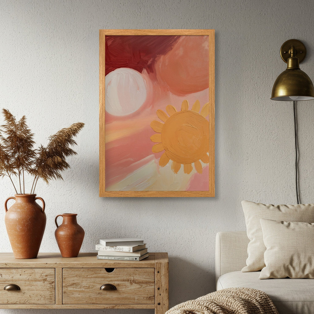 Framed Poster featuring an abstract sun design in warm tones of peach, orange, and red. Perfect for adding a touch of art to your space.