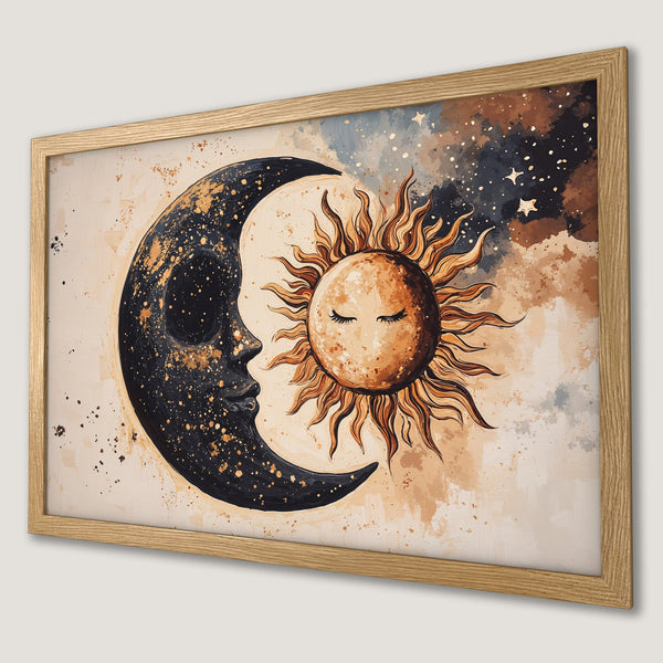 Framed Poster featuring a celestial sun and moon design in a warm, earthy color palette. Perfect wall art!