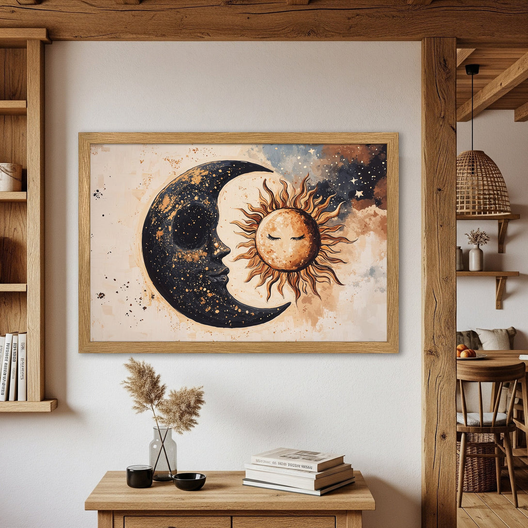 Framed Poster featuring a celestial sun and moon design in a watercolor style, with a warm, earthy color palette. Perfect wall art!