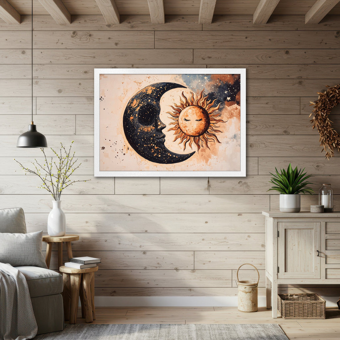 Framed Poster featuring a celestial sun and moon watercolor art print in warm earth tones. Perfect wall decor!