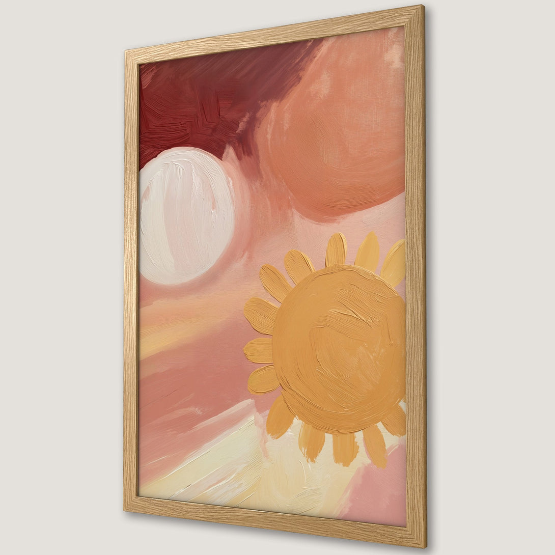 Framed Poster featuring an abstract sun in warm, earthy tones. Modern art style with a blush, peach, and ochre color palette.
