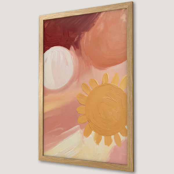 Framed Poster featuring an abstract sun in warm, earthy tones. Modern art style with a blush, peach, and ochre color palette.