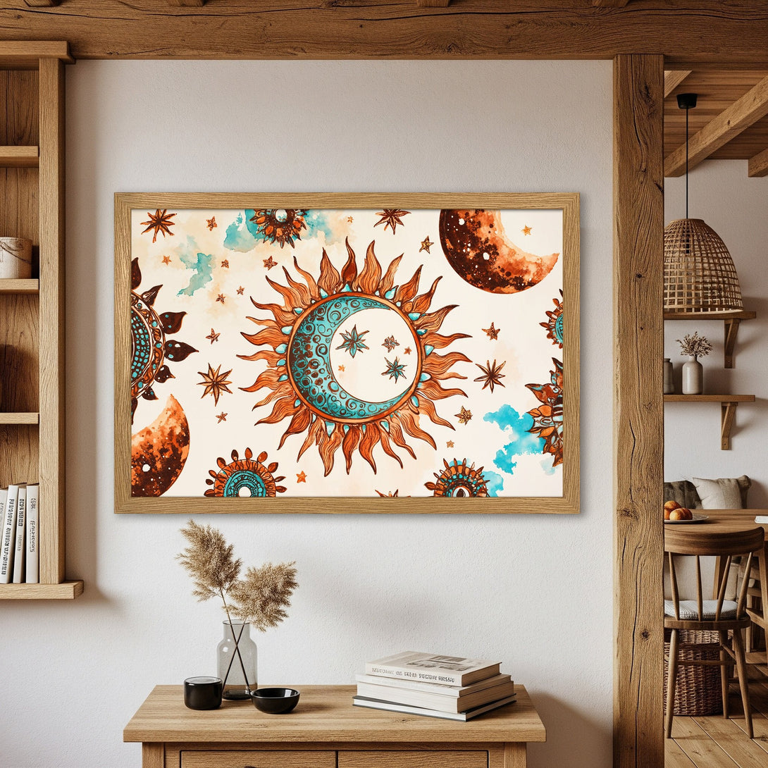 Framed Poster featuring a sun and moon design in watercolor style. Earthy tones with teal accents. Perfect wall art for boho decor.