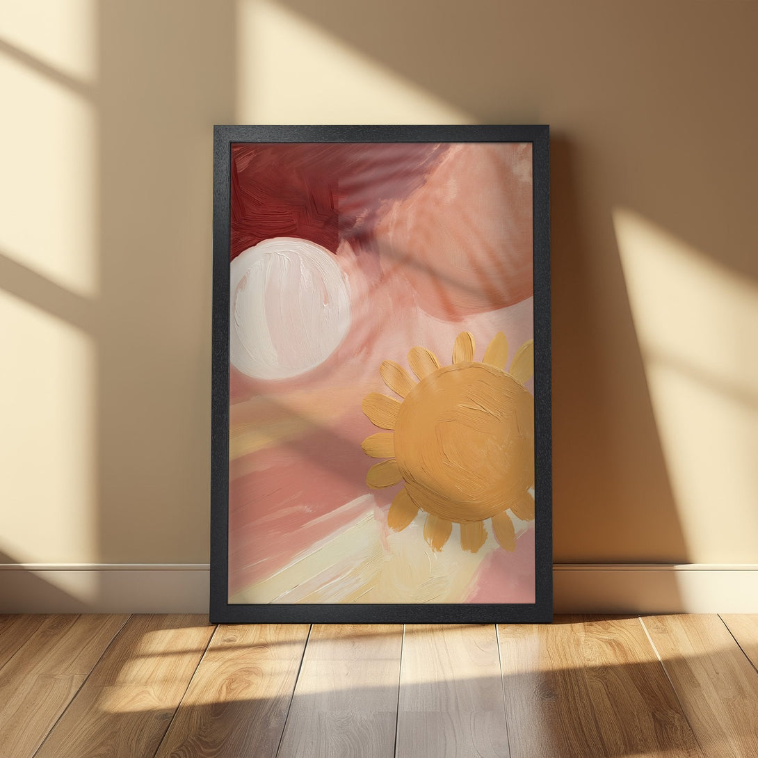 Framed Poster featuring abstract art in a warm color palette. Perfect wall decor for adding a touch of sunshine to your home!