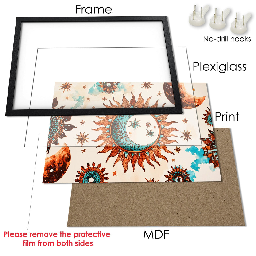 Framed Poster featuring a celestial design in warm orange and teal tones. Perfect wall art for boho home decor.