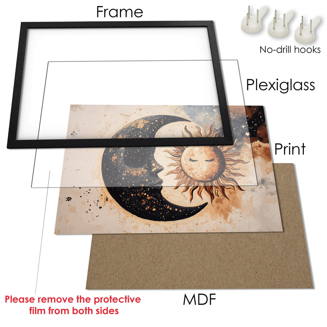 Framed Poster featuring a sun and moon illustration in a warm, earthy color palette. Perfect art for your home!