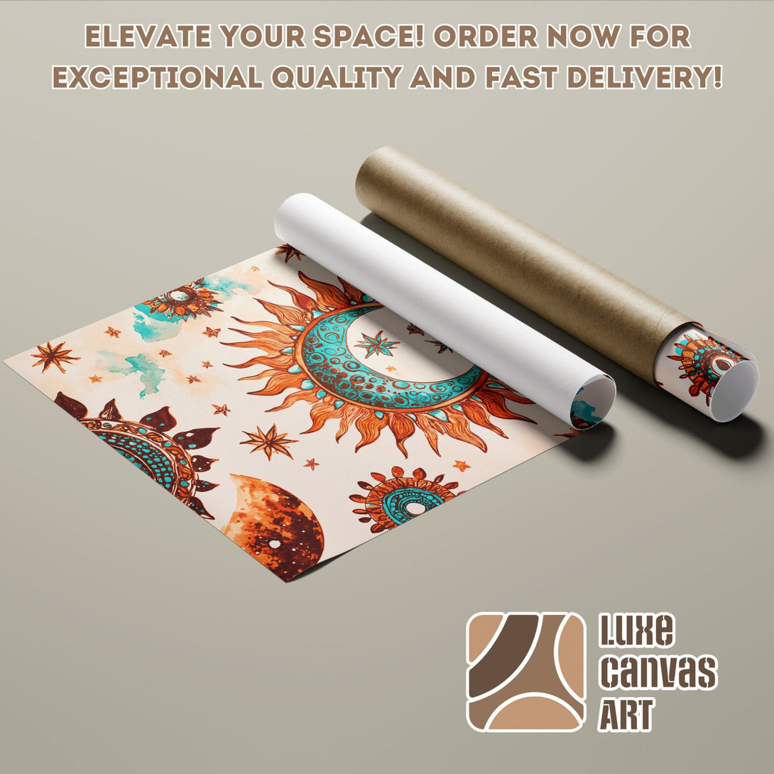 Bohemian style Poster Roll featuring sun & moon design in warm orange, teal, and brown tones. Elevate your space!