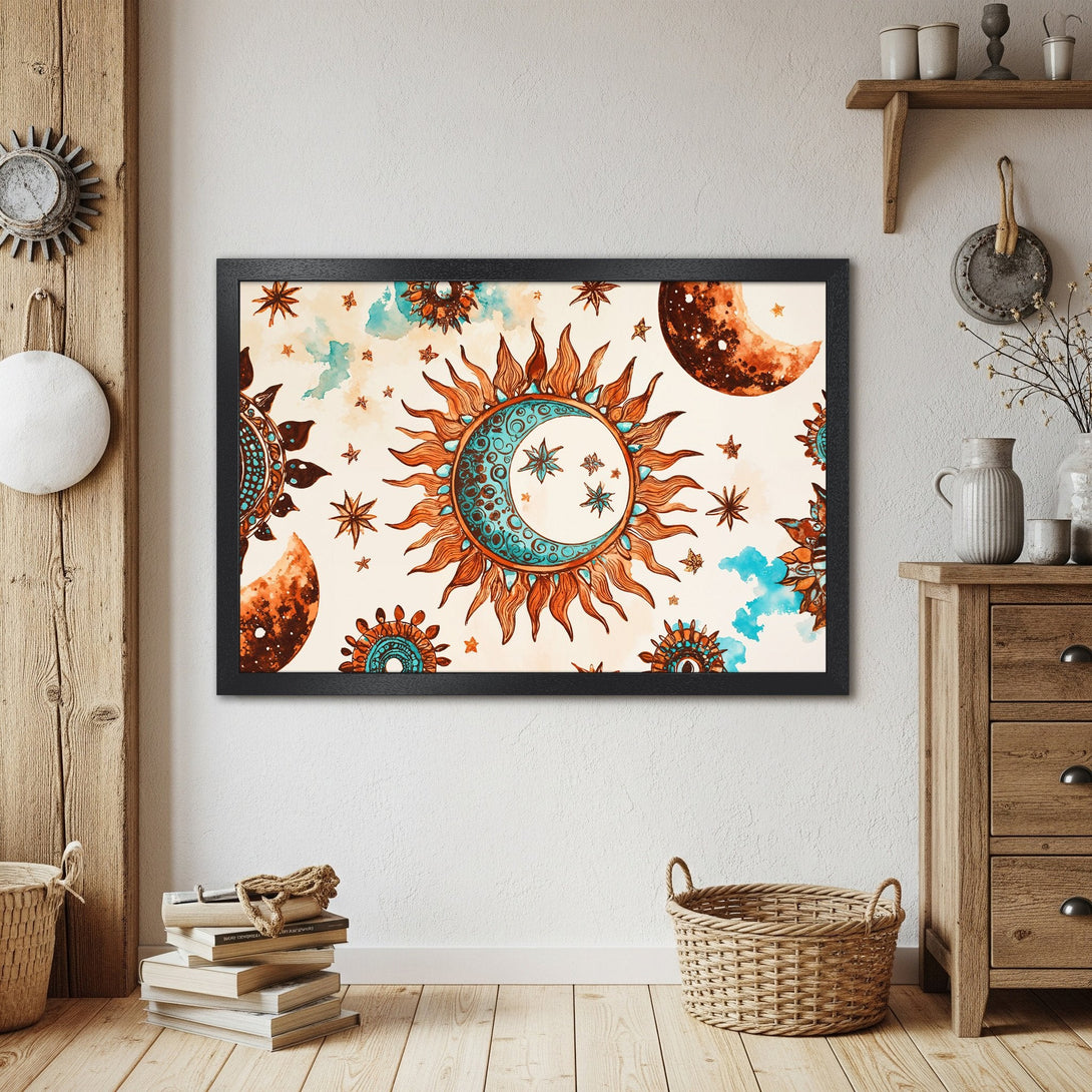 Framed Poster featuring a celestial watercolor design with sun, moon, and stars. Warm orange, blue, and beige tones.