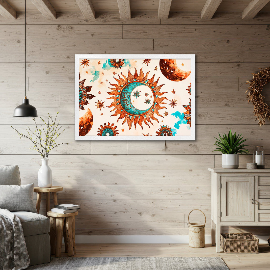 Framed Poster featuring a celestial sun and moon design in watercolor style. Earthy orange, teal, and beige color palette. Perfect wall art.