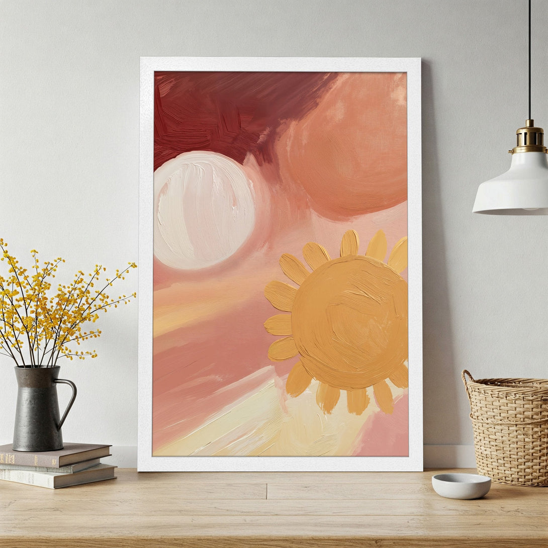Framed Poster featuring abstract sun art in warm, earthy tones. Perfect wall decor for a modern, stylish home.