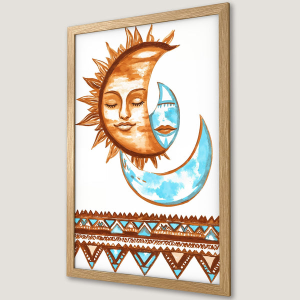 Framed Poster featuring a watercolor sun and moon design in warm brown and blue tones. Bohemian style art print for home decor.