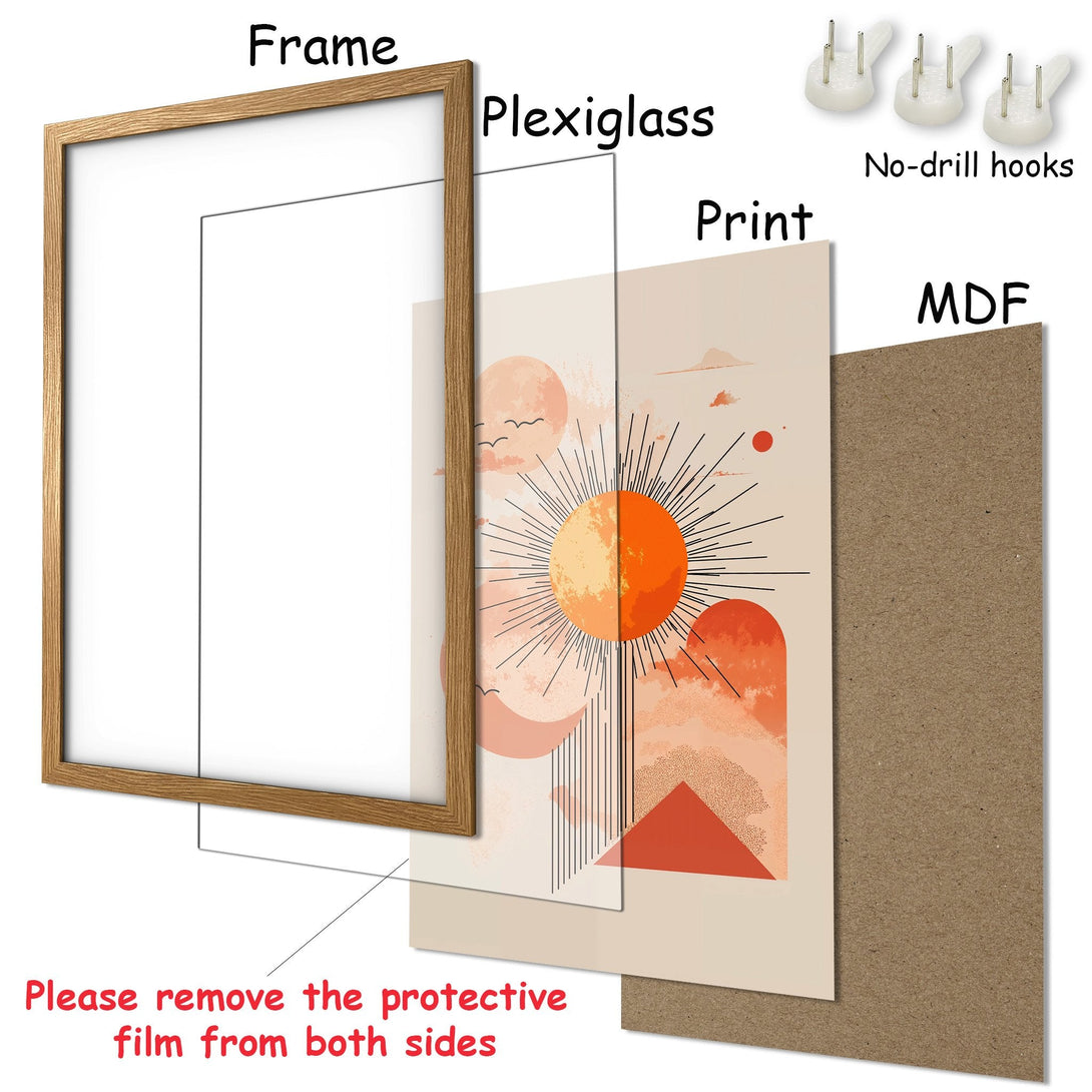 Framed Poster featuring an abstract sun design in warm orange and neutral tones. Modern art perfect for any space!
