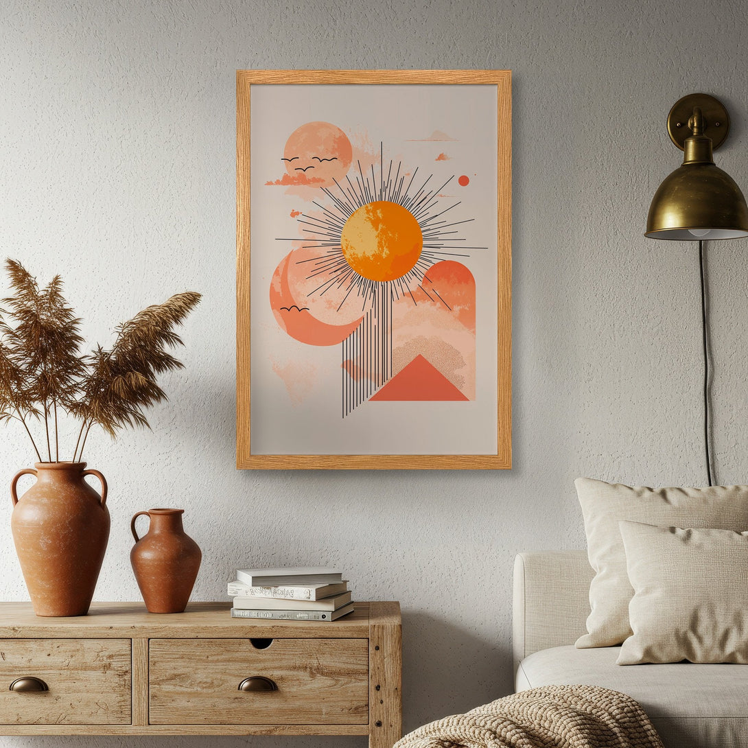 Framed Poster featuring a geometric sun design in warm orange and beige tones. Modern art style, perfect for home decor.