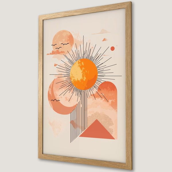 Framed Poster featuring abstract sun art in warm orange and beige tones. Modern art print for home decor.