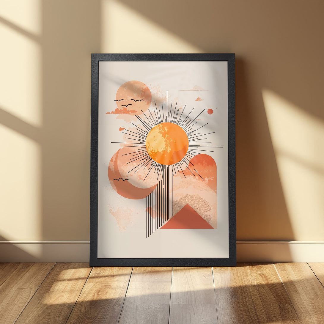 Framed Poster featuring a modern abstract design with sun, moon, and geometric shapes in warm orange and beige tones. Perfect wall art!