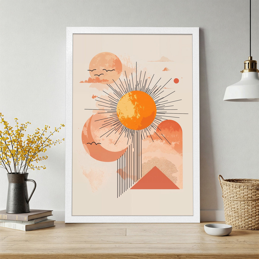 Framed Poster featuring abstract sun and moon art in a minimalist style with a warm orange and beige color palette. Perfect wall decor!