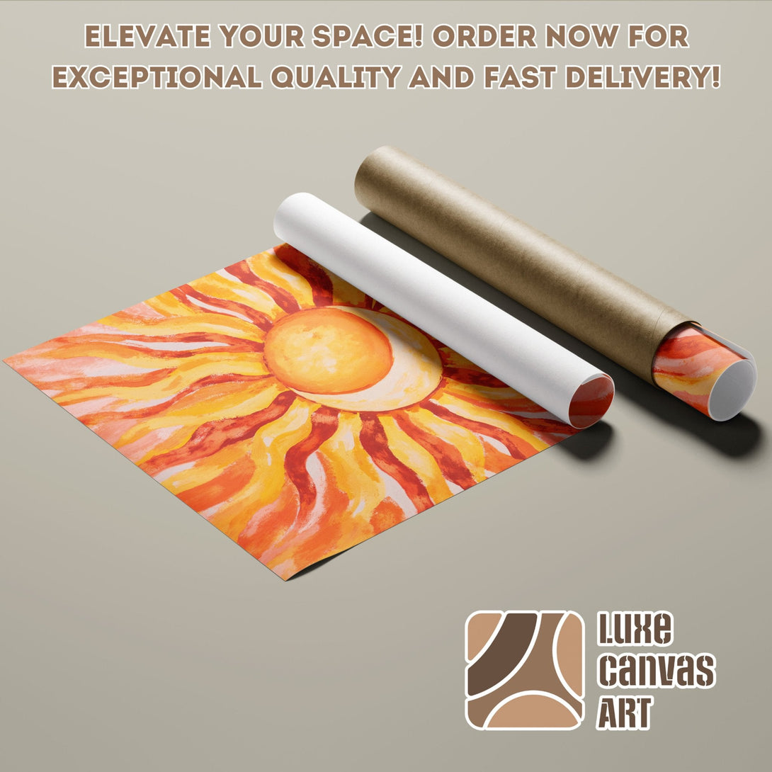 Poster Roll featuring a vibrant, abstract sun painting in warm yellow and orange tones. Elevate your space with art!