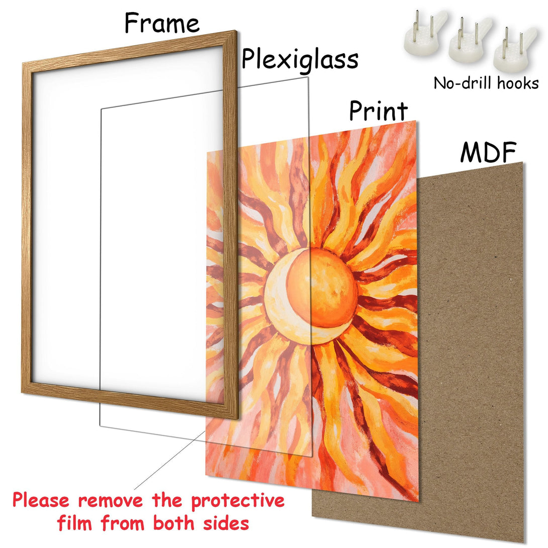 Framed Poster featuring a vibrant sun painting in warm orange tones. Perfect wall art for a modern, artistic touch.