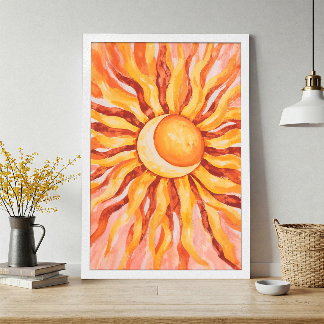 Framed Poster featuring a vibrant sun and moon abstract painting in warm orange and yellow tones. Perfect wall art!