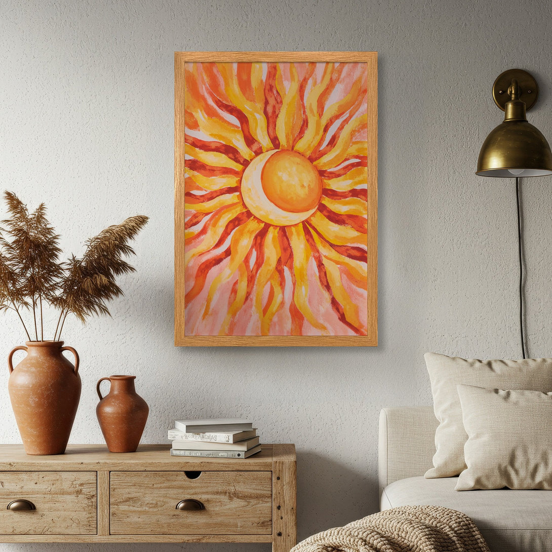 Framed Poster featuring a vibrant sun and moon design in warm orange and yellow tones, perfect wall art for any space.