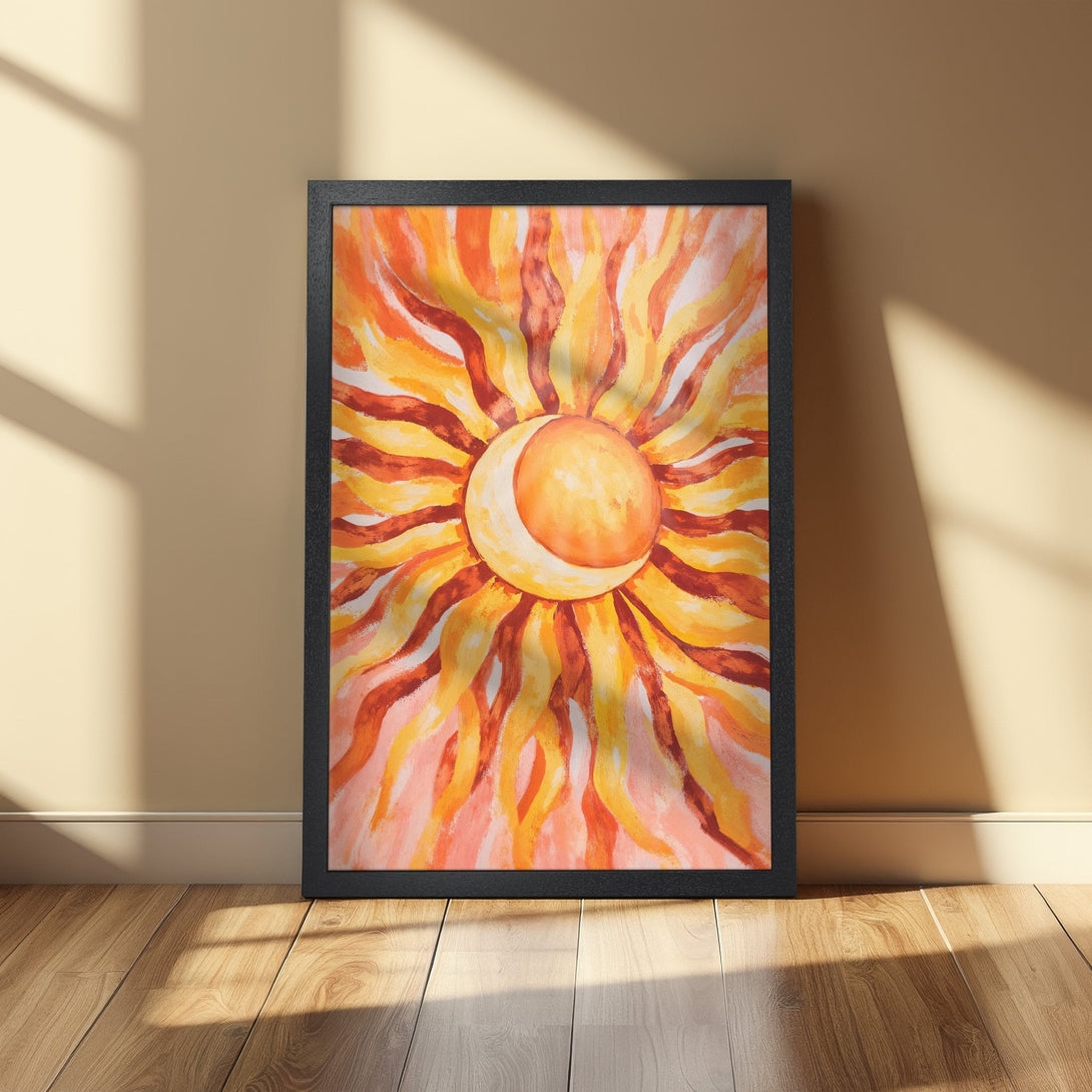 Framed Poster featuring a vibrant sun and moon watercolor art piece in warm orange and yellow tones. Perfect wall decor!