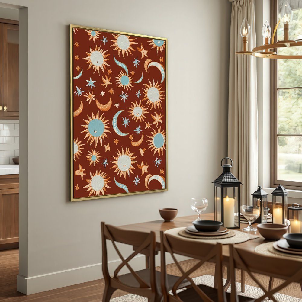 Canvas Print featuring whimsical suns, moons, and stars in a bohemian style, with a warm brown and blue color palette.