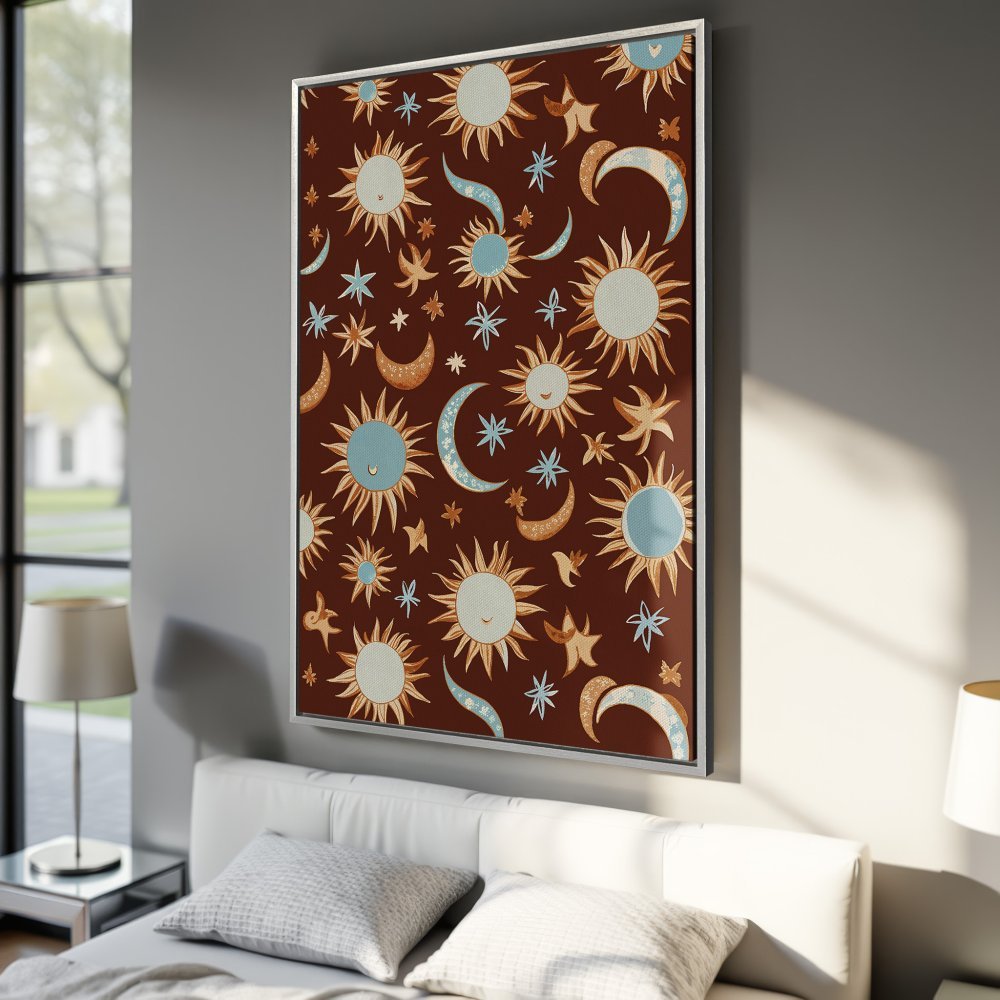 Framed Wall Art featuring a whimsical sun and moon pattern in warm brown, blue, and beige tones. Perfect for adding a touch of boho style to your space.