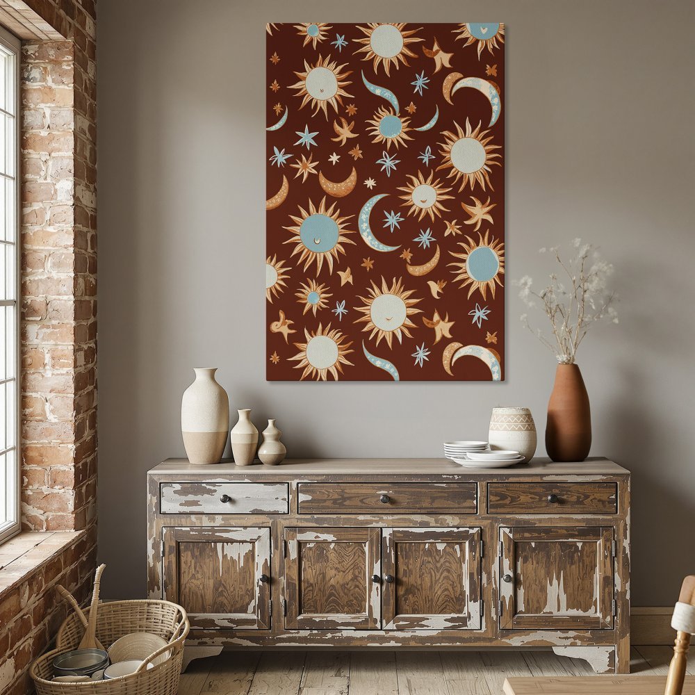 Framed Wall Art: Boho sun & moon pattern in warm terracotta tones. Add celestial charm to your home!