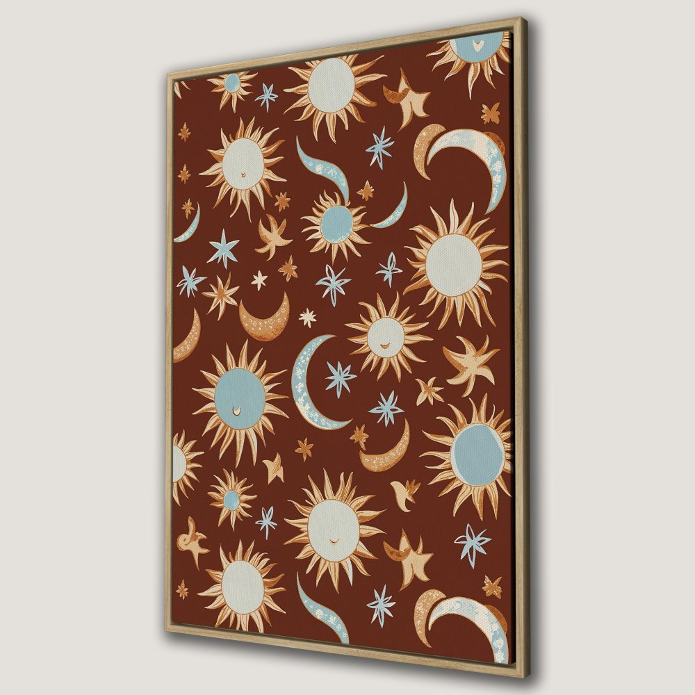 Whimsical Canvas Print featuring suns, moons, and stars in a boho style, with a warm terracotta color palette. Perfect wall art!