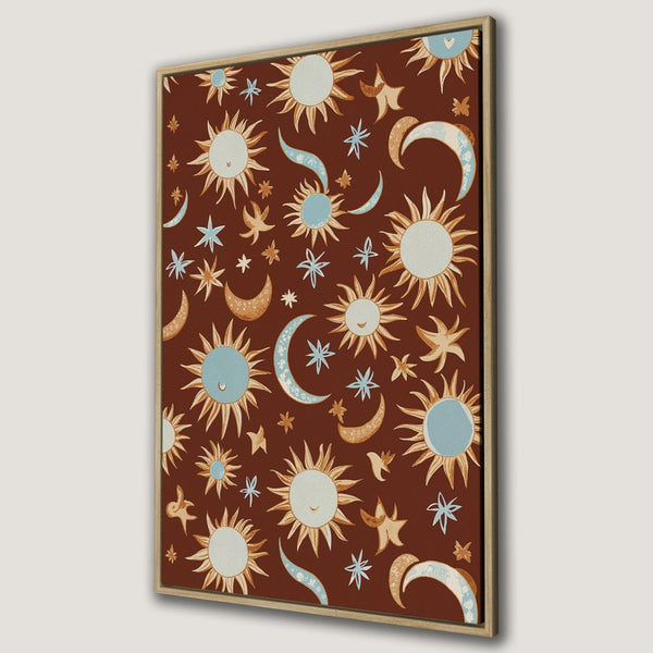 Whimsical Canvas Print featuring suns, moons, and stars in a boho style, with a warm terracotta color palette. Perfect wall art!
