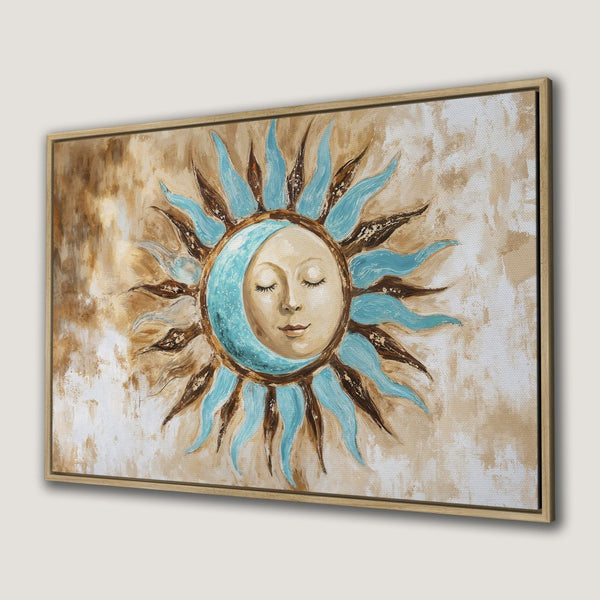Canvas Print of a serene sun and moon face in a bohemian style, featuring a calming blue, brown, and beige color palette.